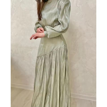 Vintage Green Crinkle Lantern Sleeve Maxi Dress