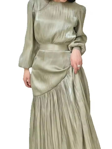 Vintage Green Crinkle Lantern Sleeve Maxi Dress