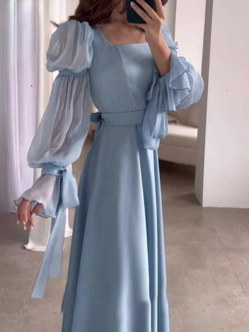 Elegant Women’s Satin Puff Sleeve Dress – Spring/Summer Square Neck Long Skirt for Evening Events