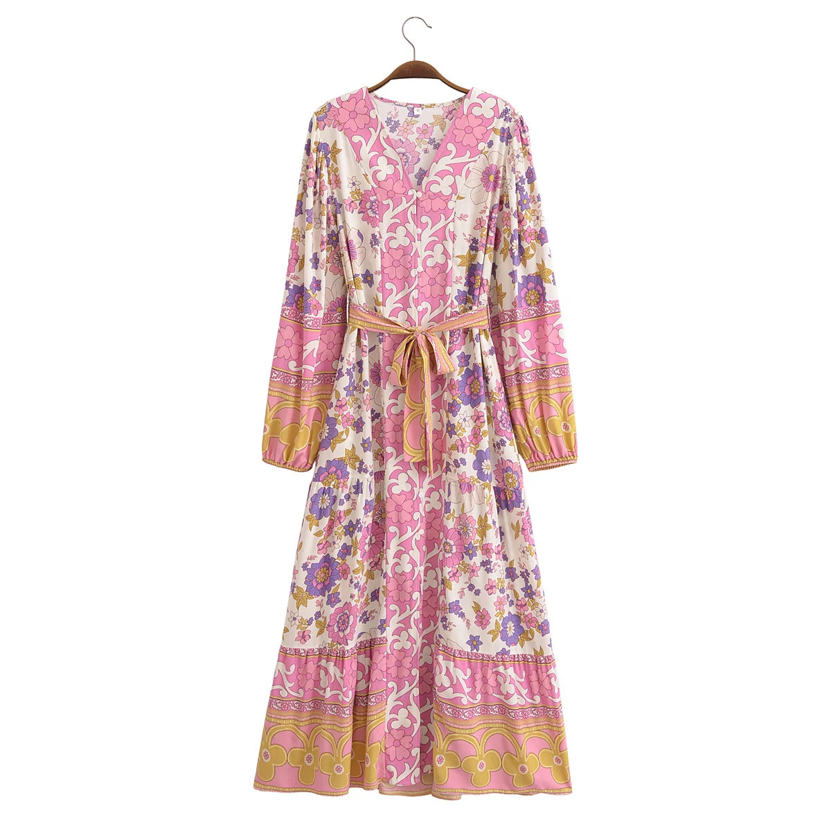 Floral Maxi Dress Front View - Full Sleeve V-Neck Boho Dress