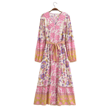 Floral Maxi Dress Front View - Full Sleeve V-Neck Boho Dress