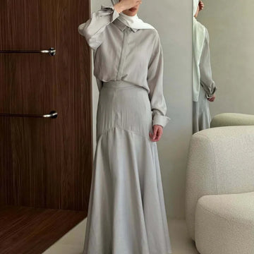 Two-piece modest grey dress set with turn-down collar and button detail, ankle-length A-line silhouette