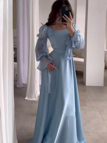 Elegant Women’s Satin Puff Sleeve Dress – Spring/Summer Square Neck Long Skirt for Evening Events