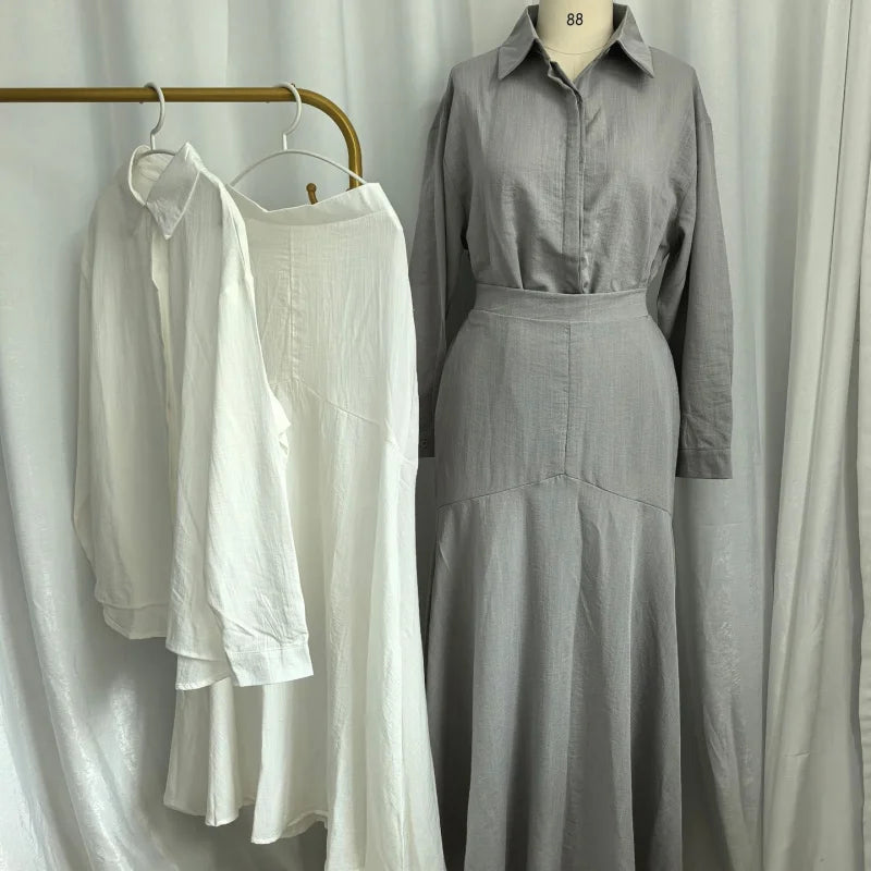Styled back view of grey two-piece modest dress set, all-season wear