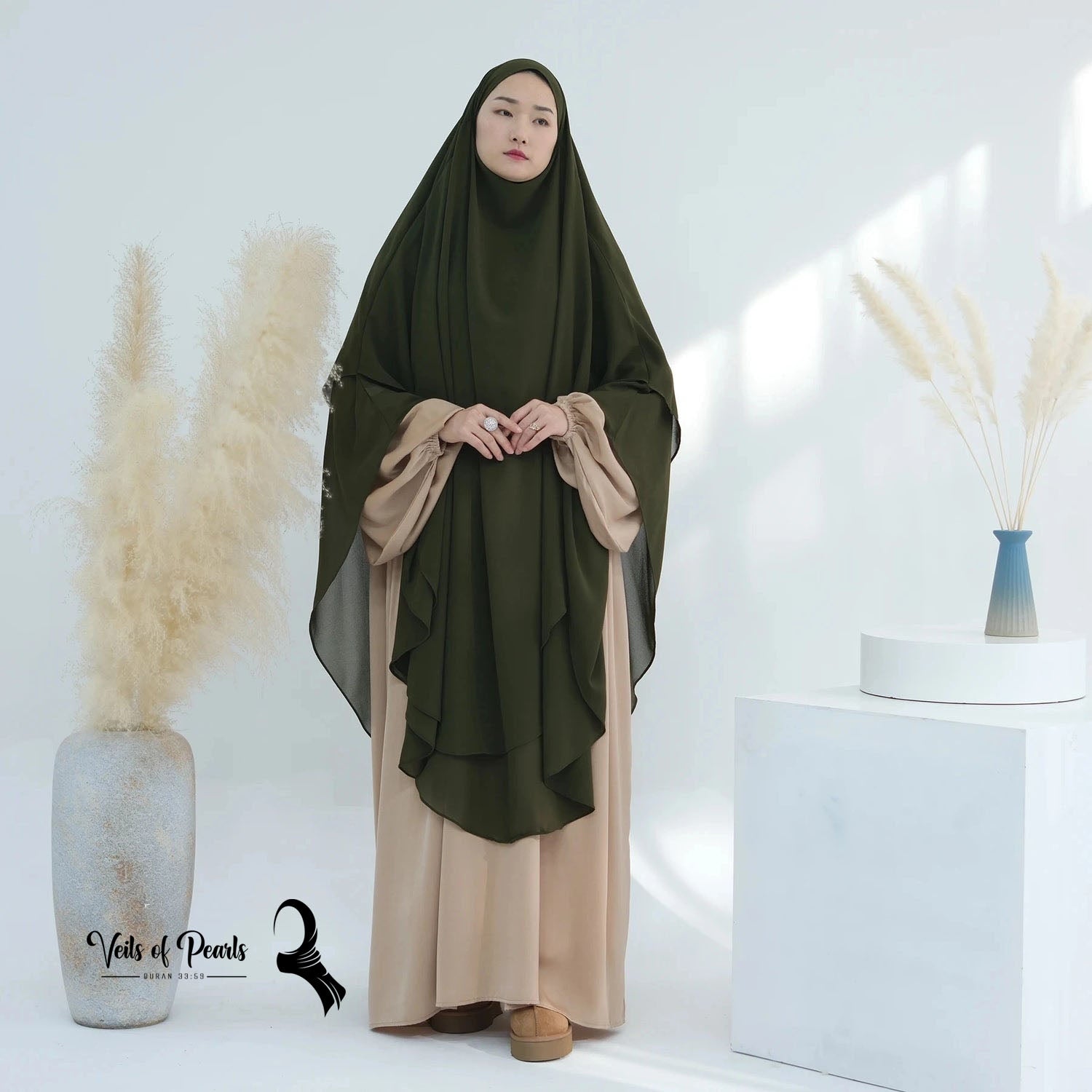 Two Layers Abaya - Embrace a Fresh and Stylish Look Dark Olive