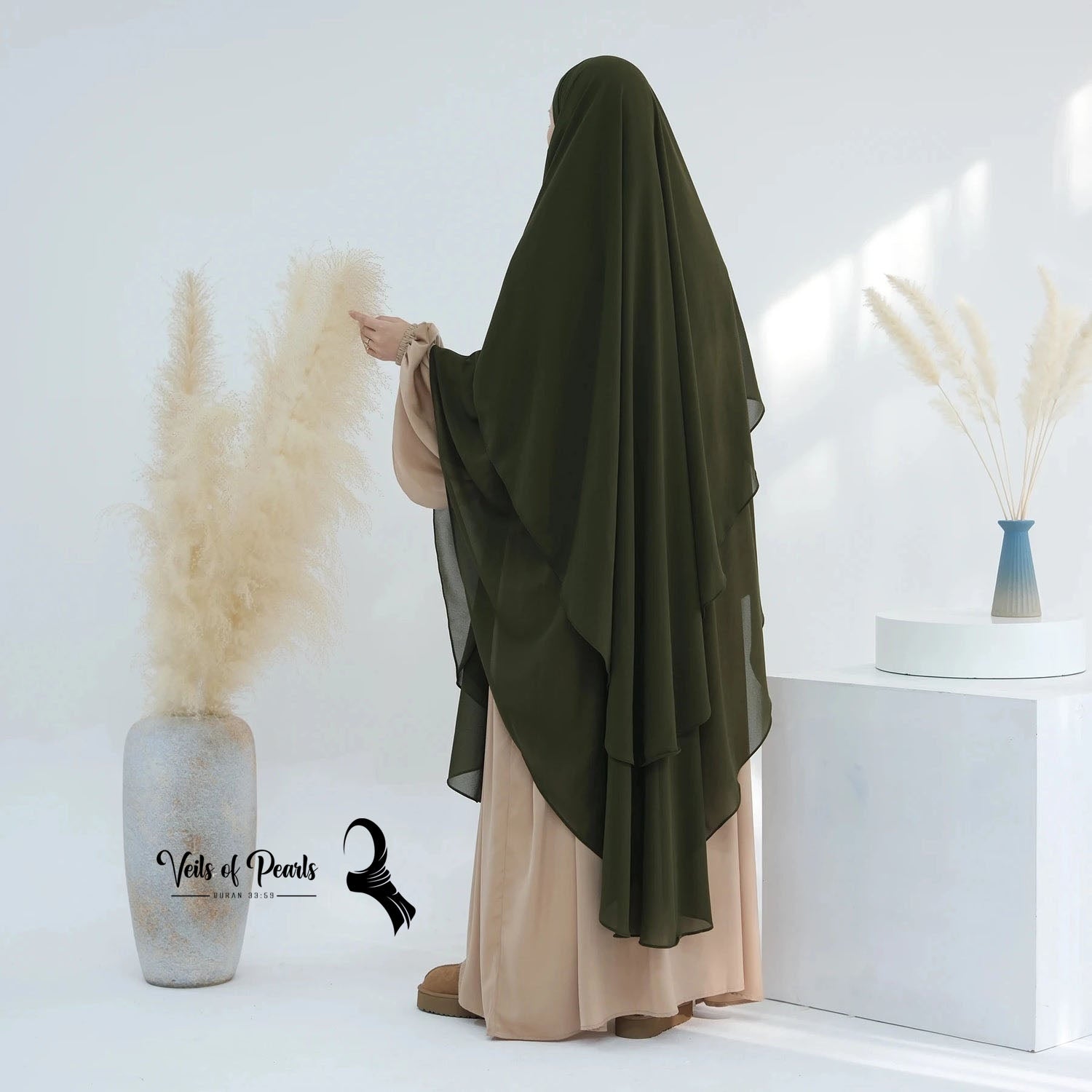 Two Layers Abaya by Veils of Pearls Dark Olive