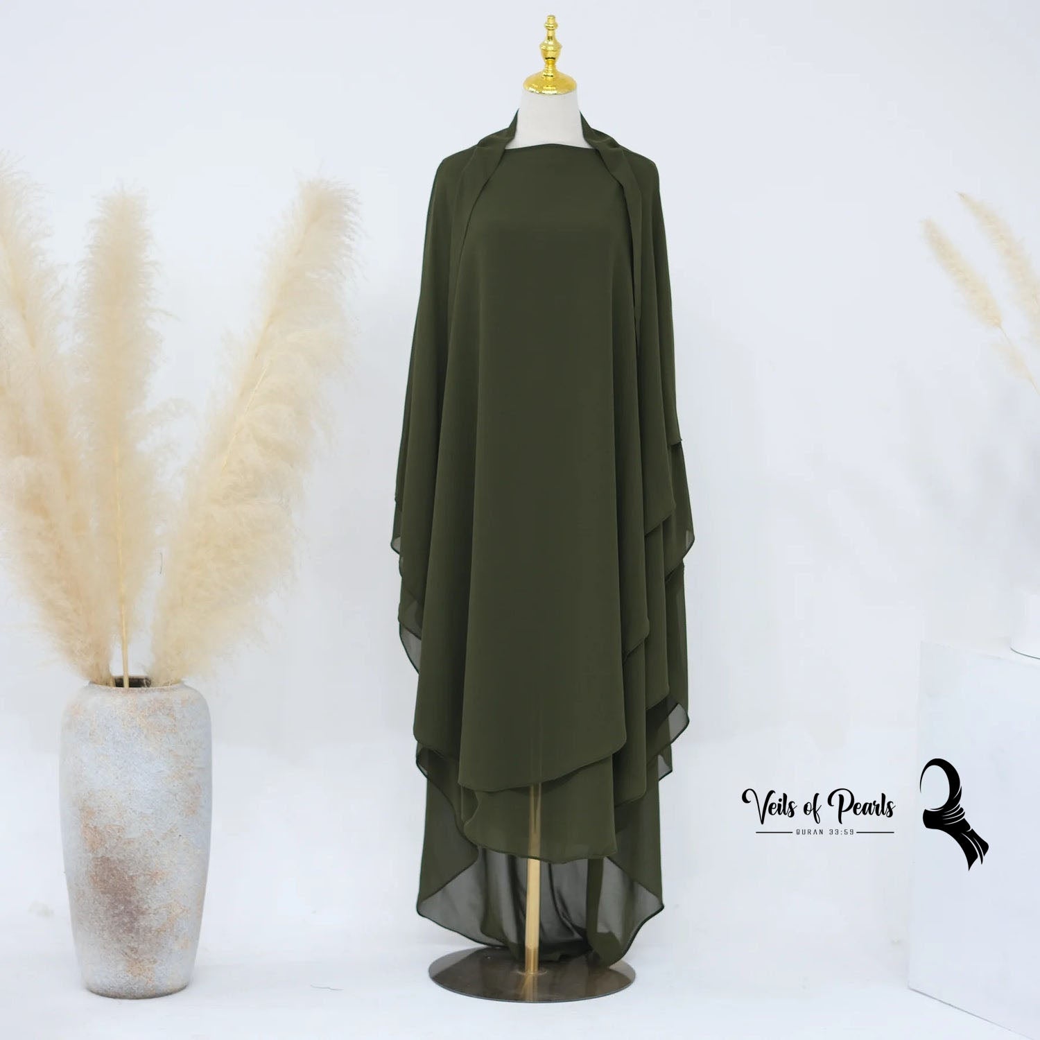 13.	Dark Blue Two-Layer Abaya for Women - Luxurious and Eye-Catching Dark Olive