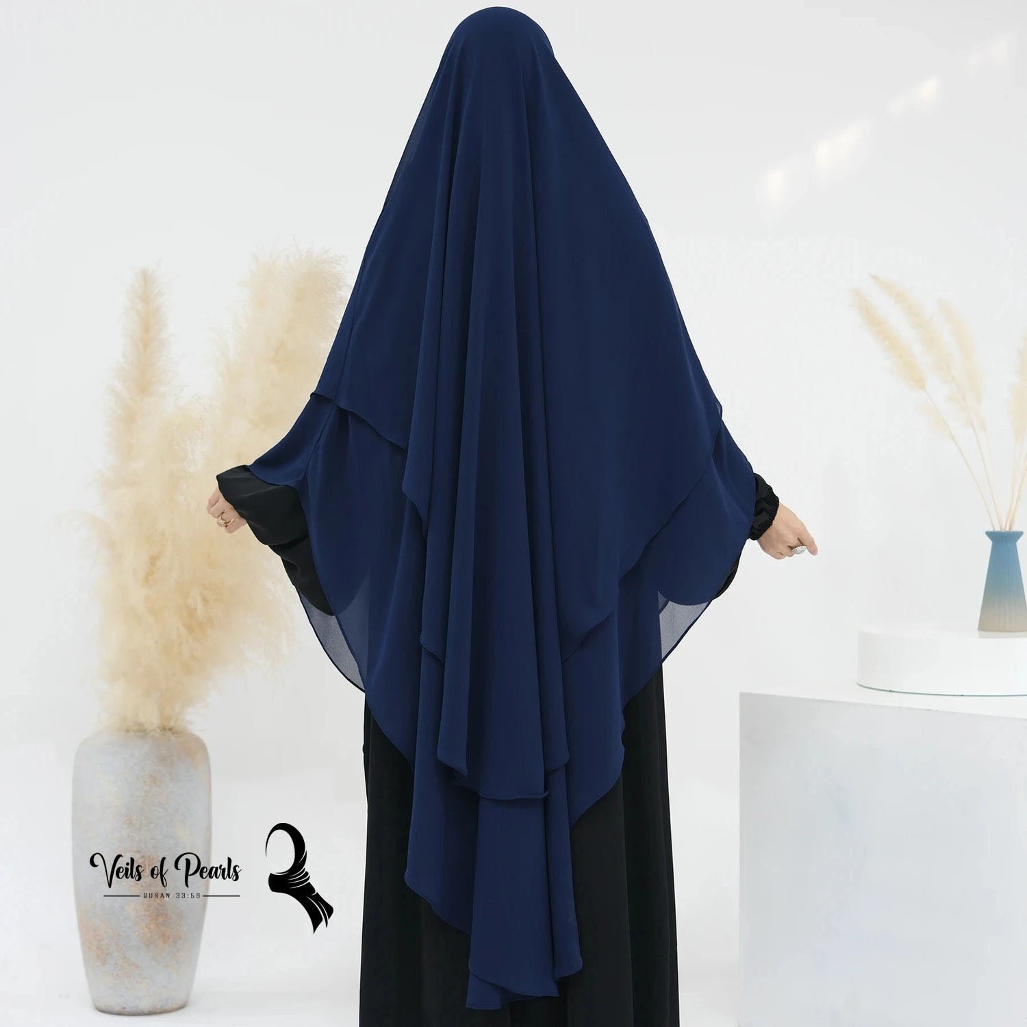 Two Layers Abaya by Veils of Pearls - Timeless and Elegant Dark Blue