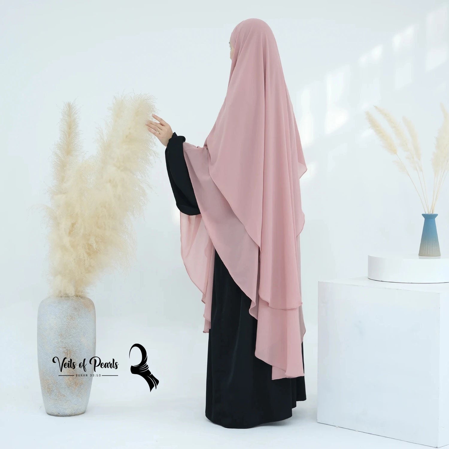 1.	Two Layers Abaya by Veils of Pearls - Flowy and Modest Design Pink