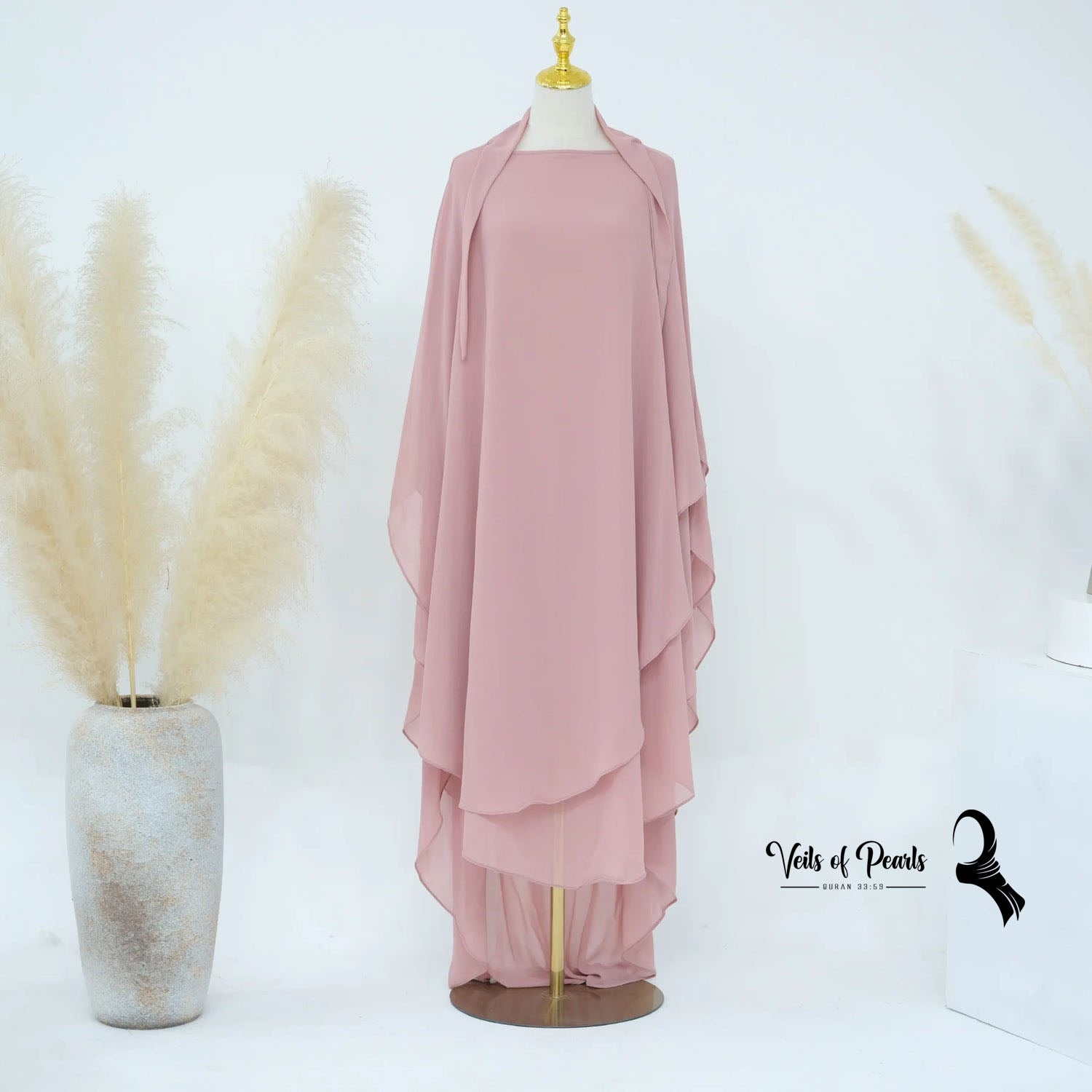 3.	Muslim Clothing Abaya - Elegant Long Dress with Two Layers Pink