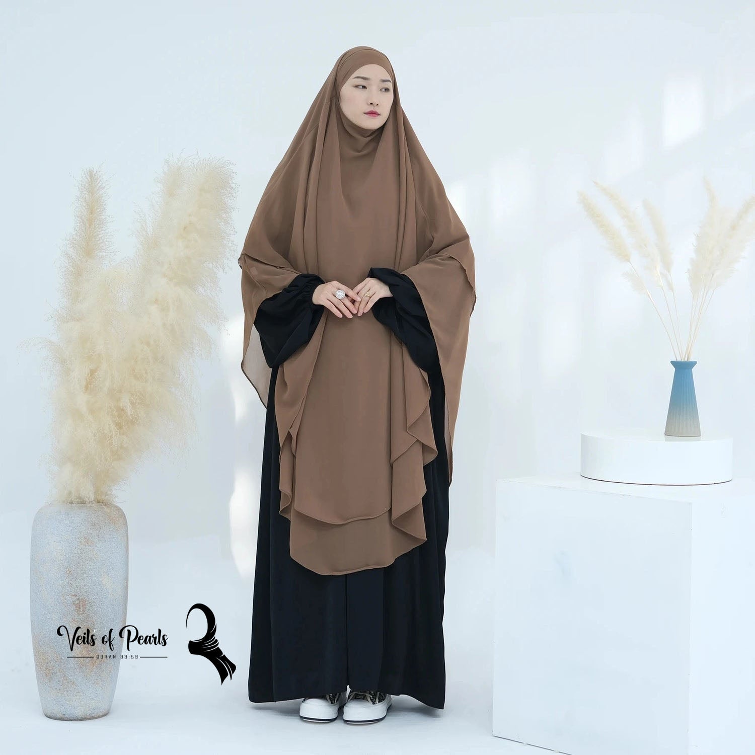 Veils of Pearls Offers Stylish Abayas for Women - Two Layers for Elegance Sand Dune