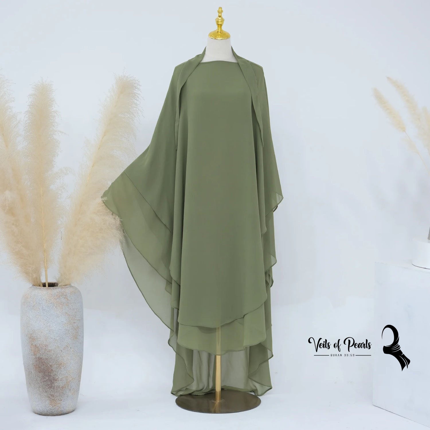 Two Layers Abaya Offers Year-Round Comfort and Style Olive Green