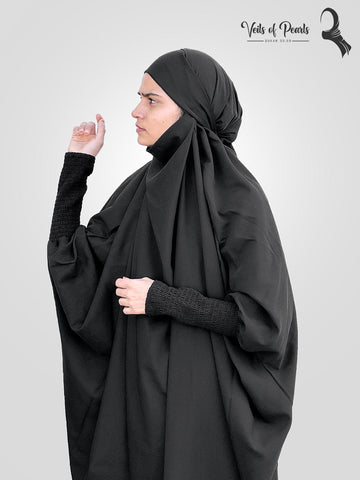 Veils of Pearls Elegant Black Jilbab with Shirred Sleeves – Modesty Redefined