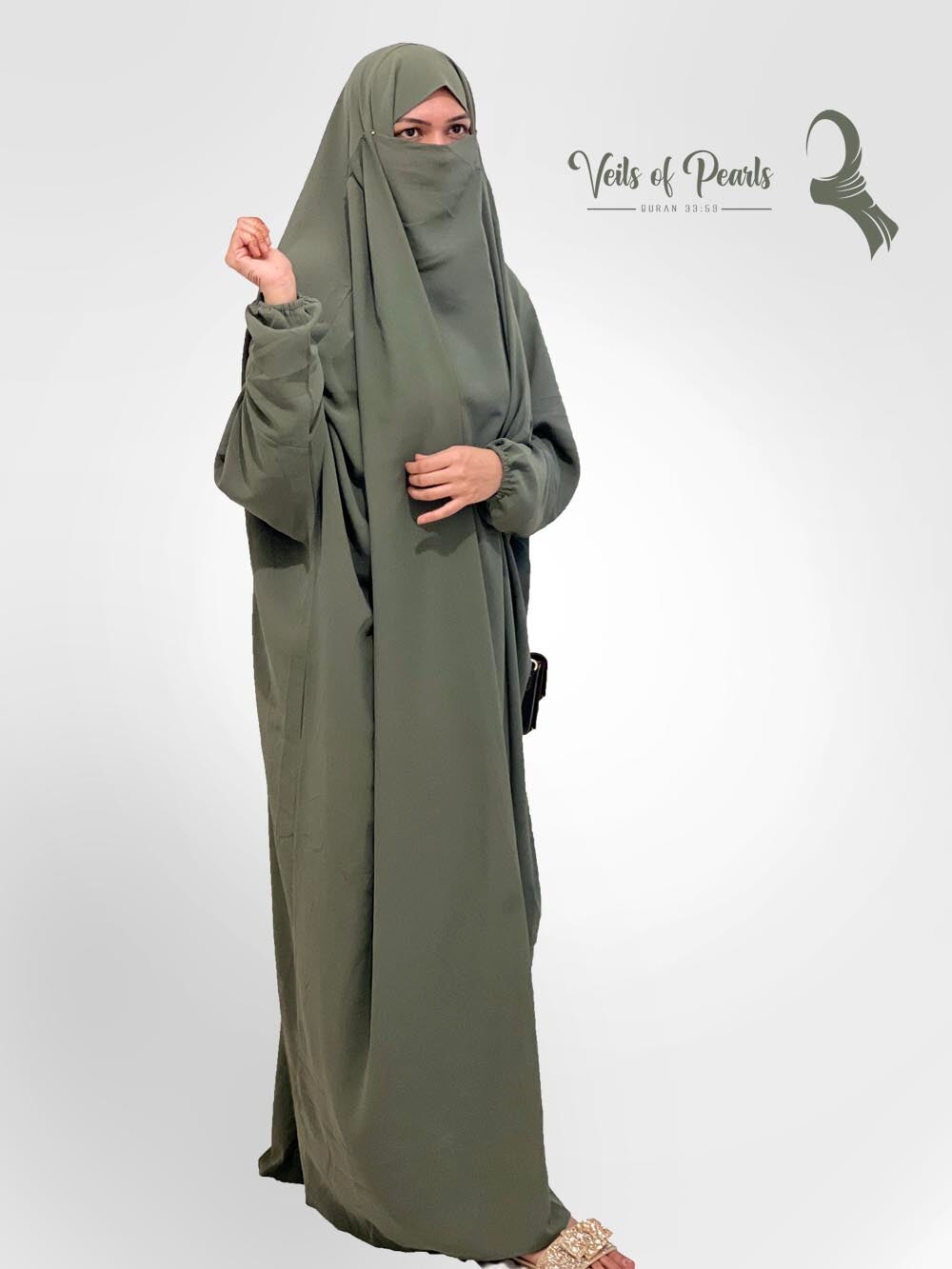 One Piece Jilbab Khimar Militry Green Veils of Pearls 